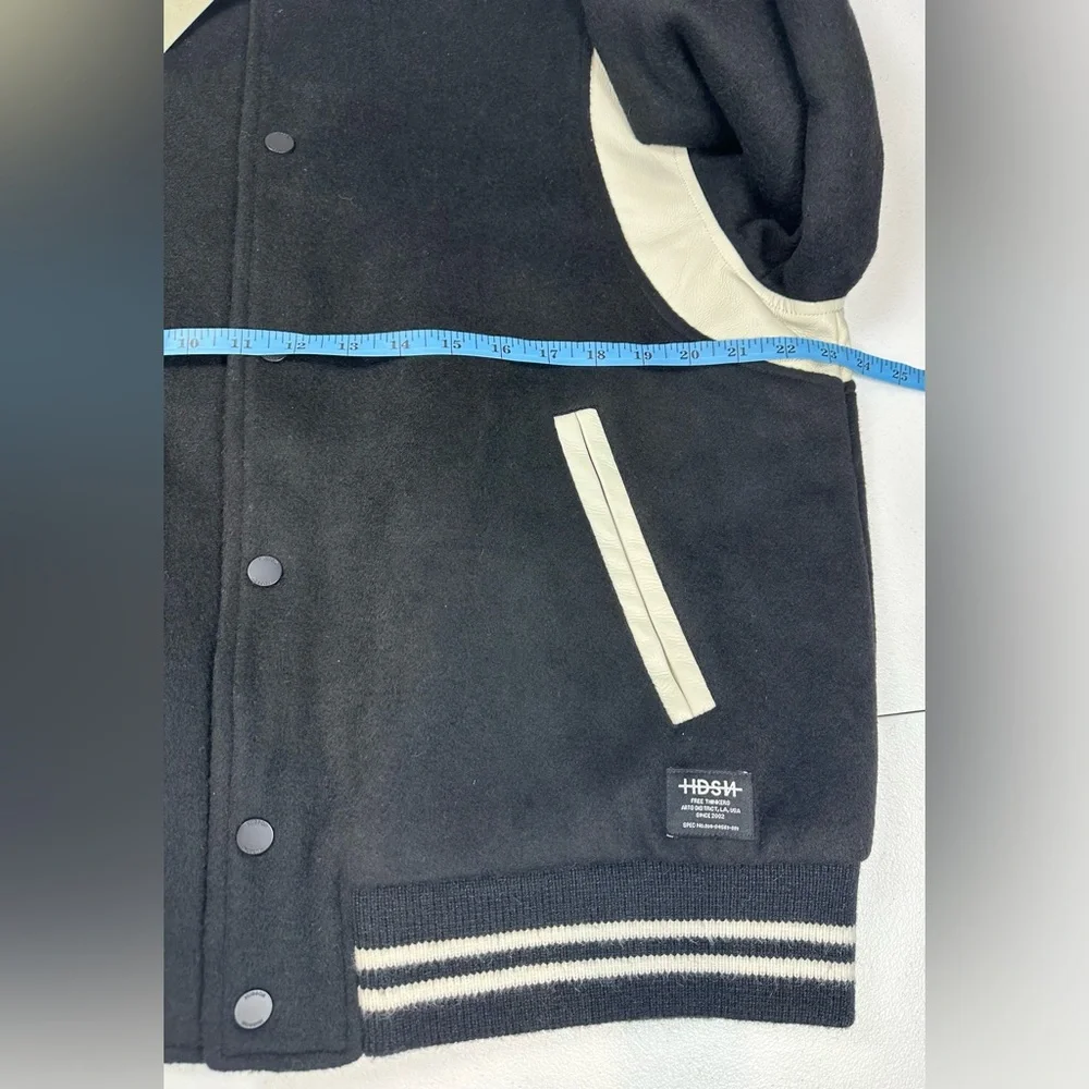 NWT HUDSON Mens Wool Varsity Bomber Jacket Size L Black‎ Ivory Faux Leather $248